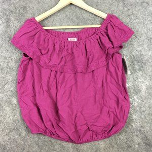 Mossimo Top L Off Shoulder Tiered Ruffle Boho Magenta Pink Solid Crepe Gauze